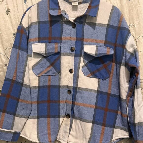 Pasport Women's XL Plaid Flannel Shacket Jacket Blue Brown Sherpa Lined - Picture 1 of 4